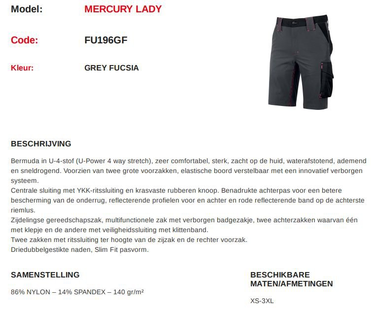 Werkbermuda U Power Mercury Lady